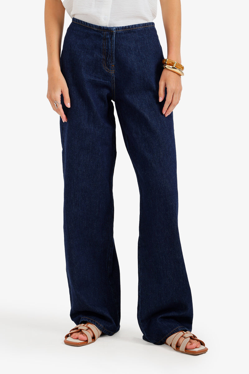 Hidden-Closure Wide Leg Denim Pants – Navy