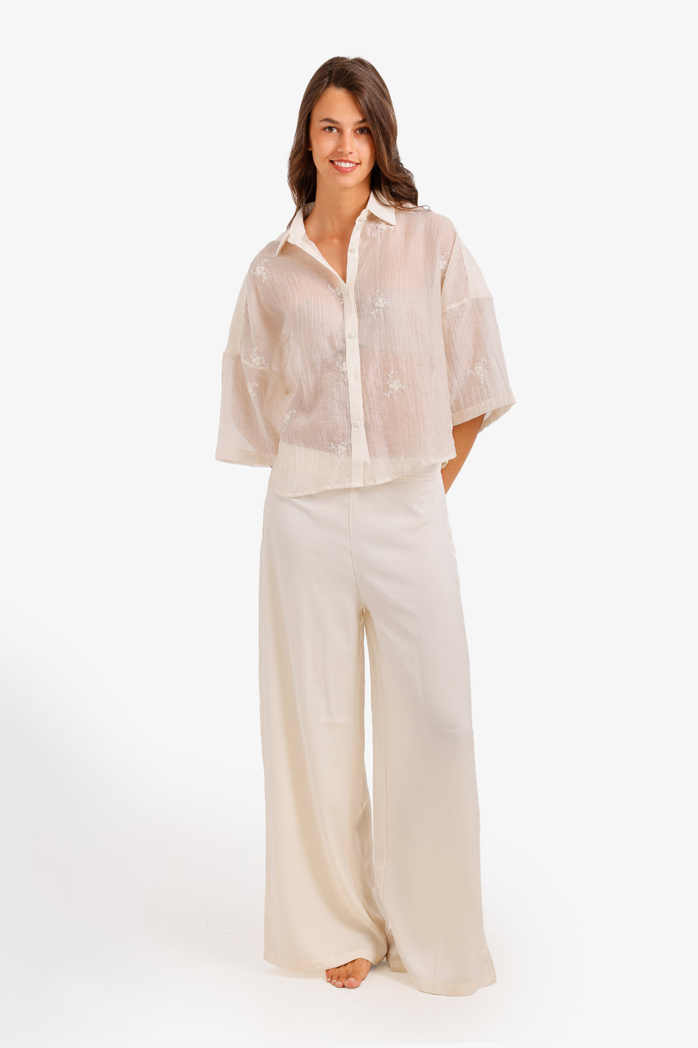 Embroidered Wide-Leg Pajama – Off White