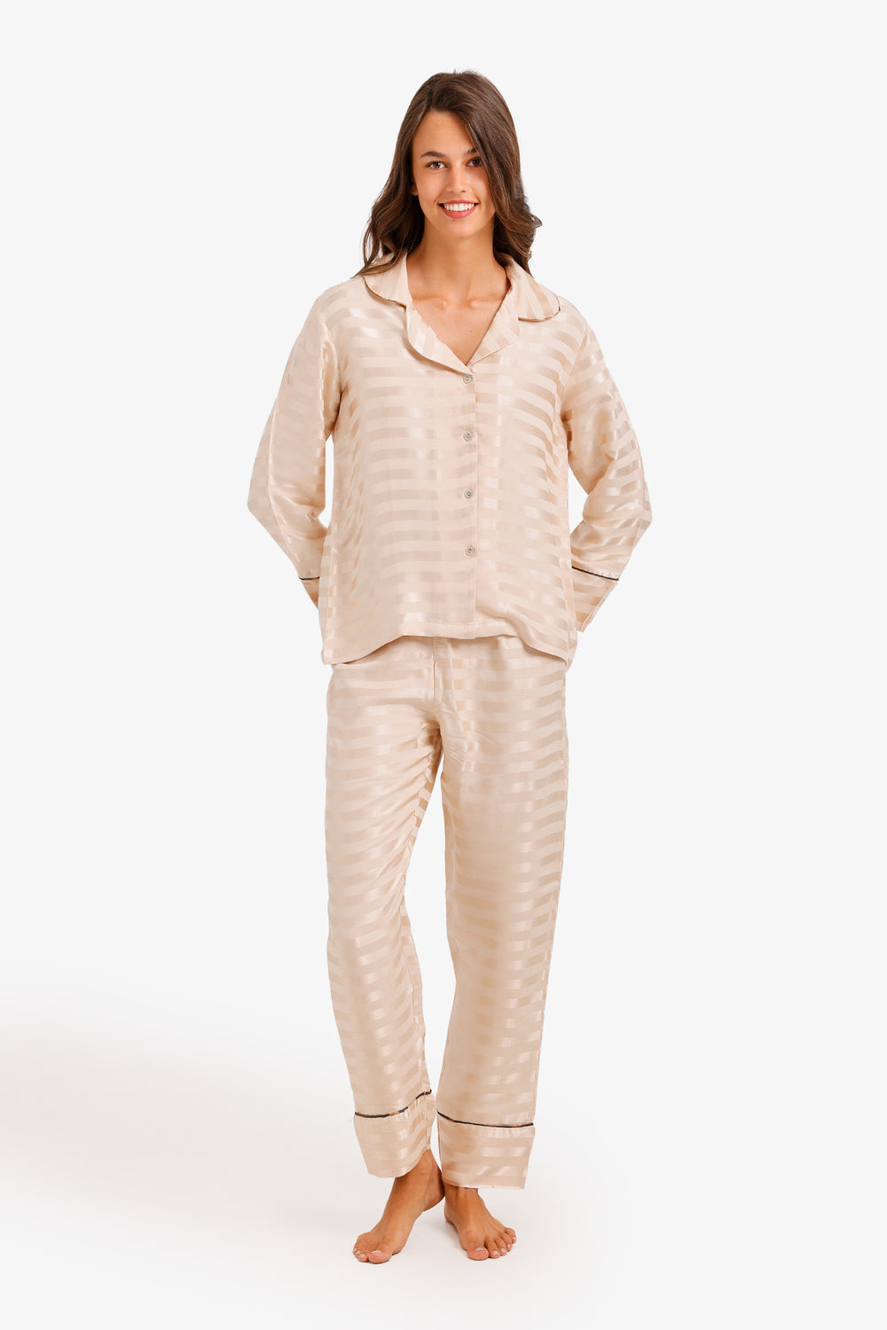 Striped Satin Pajama Set – Beige