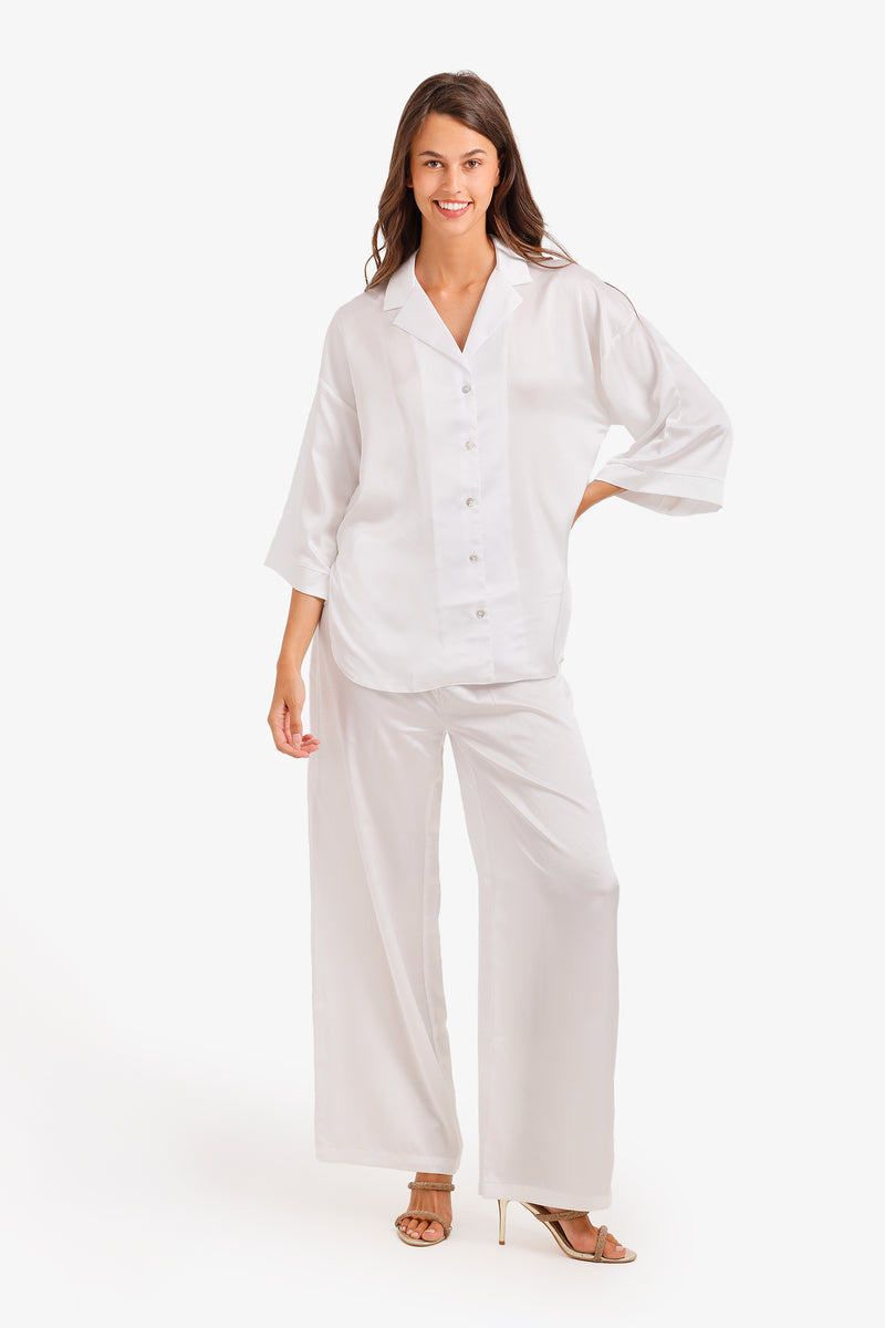 Solid Contrast-Button Satin Set – White