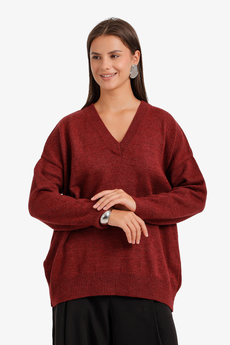 Ribbed-Trim V-Neck Pullover – Light Burgundy