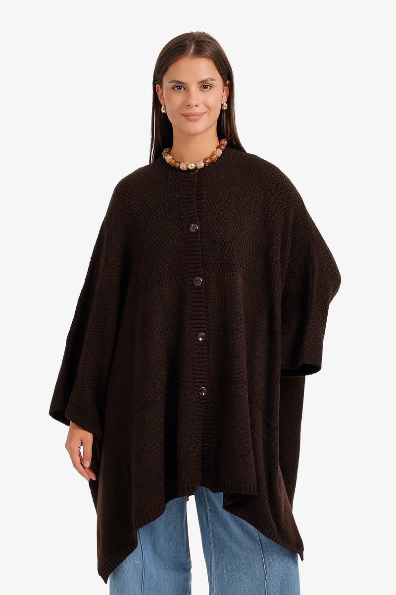 Textured Button-Front Knit Poncho – Dark Brown