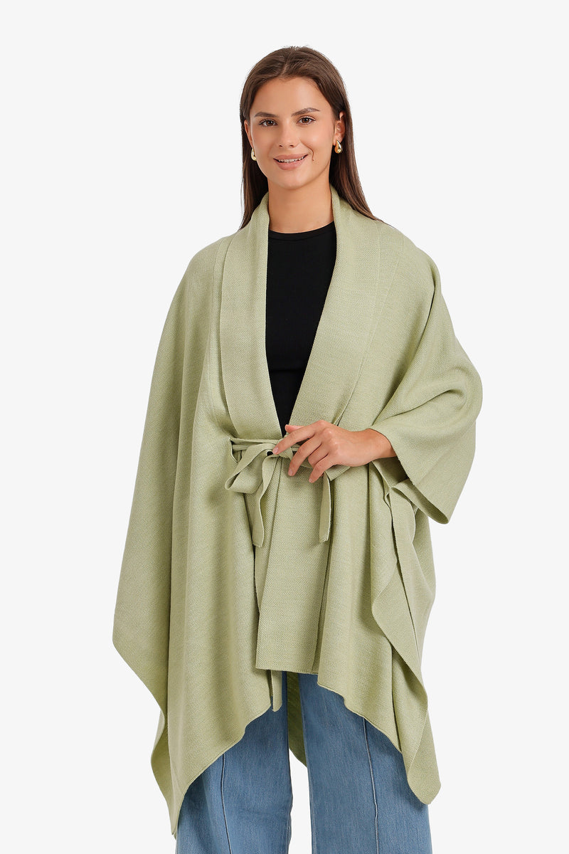 Plain Self-Tie Knit Poncho – Classic Green