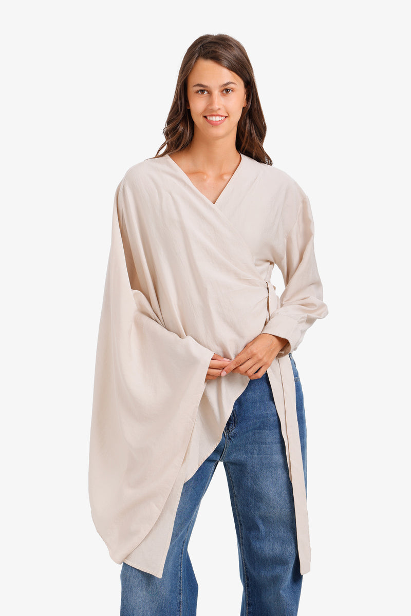 Asymmetrical Side Tie Blouse – Light Beige