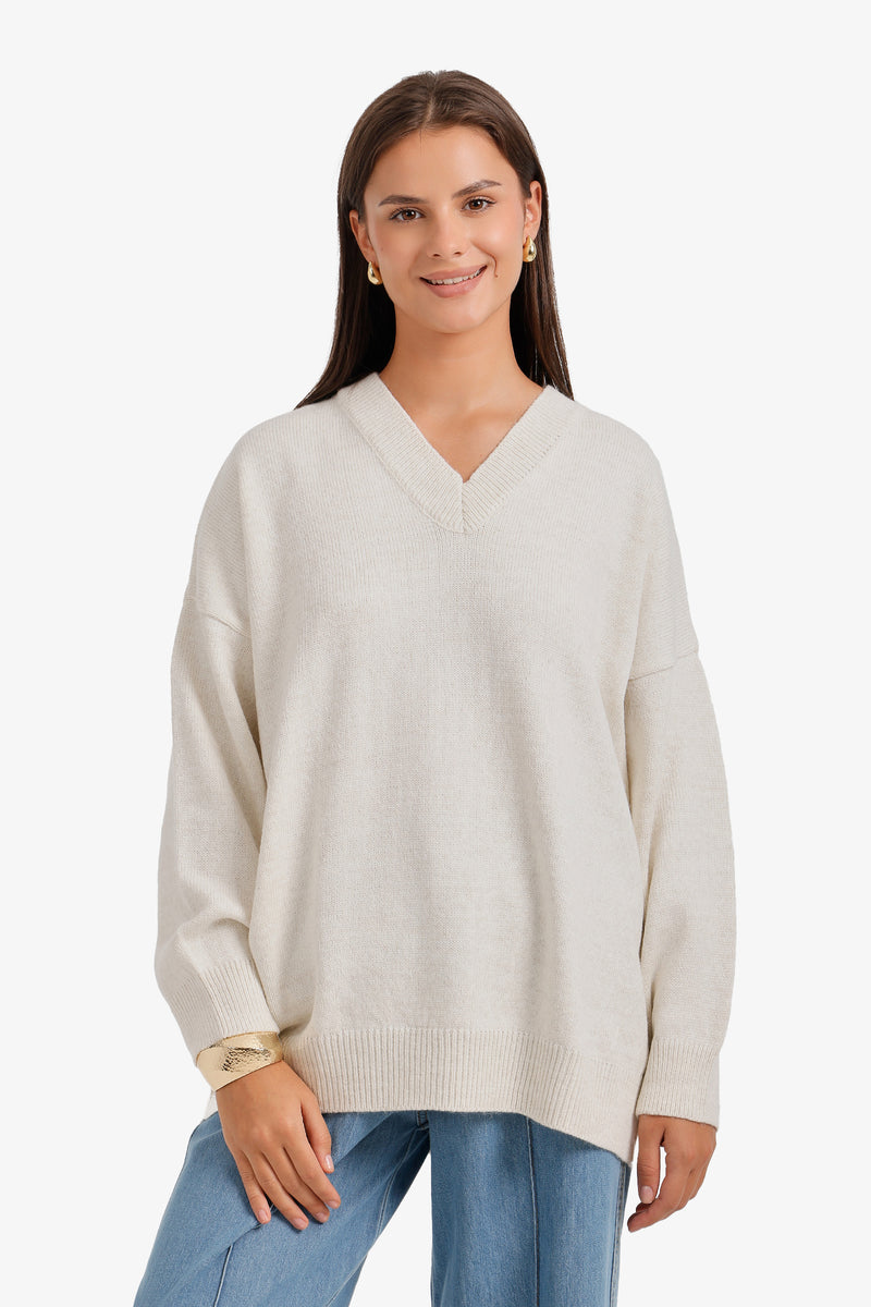 Ribbed-Trim V-Neck Pullover – Off White