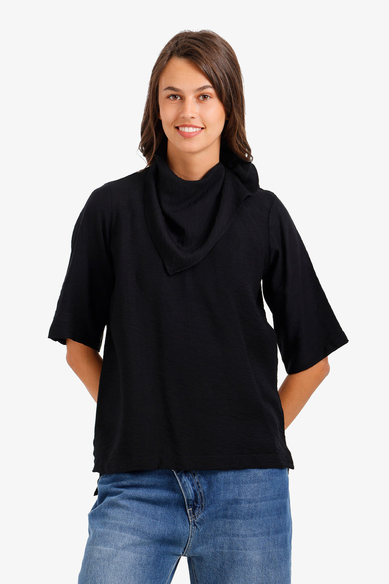 Scarf-Neck Blouse - Black