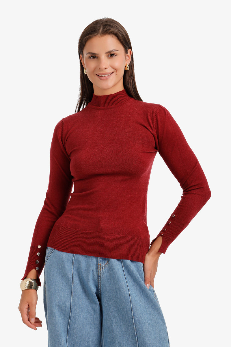 Mock Neck Button-Cuff Pullover – Light Burgundy