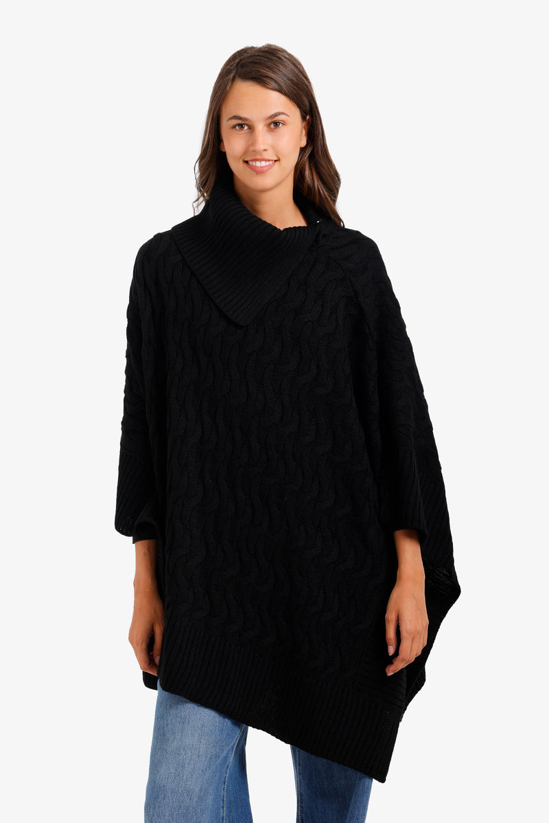 Cable-Knit Cowl Neck Poncho – Black