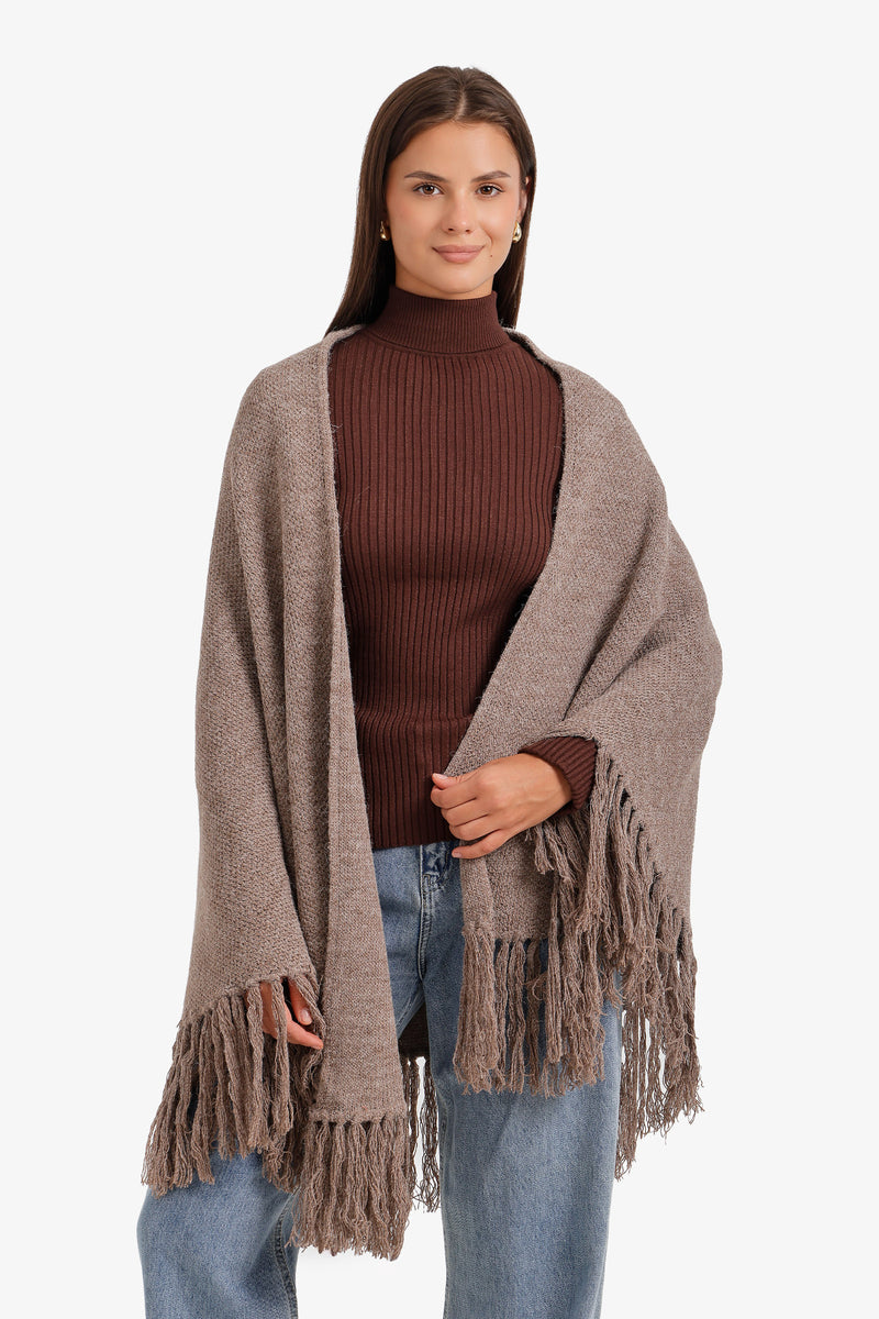 Fringed Oversized Knit Poncho – Cigar