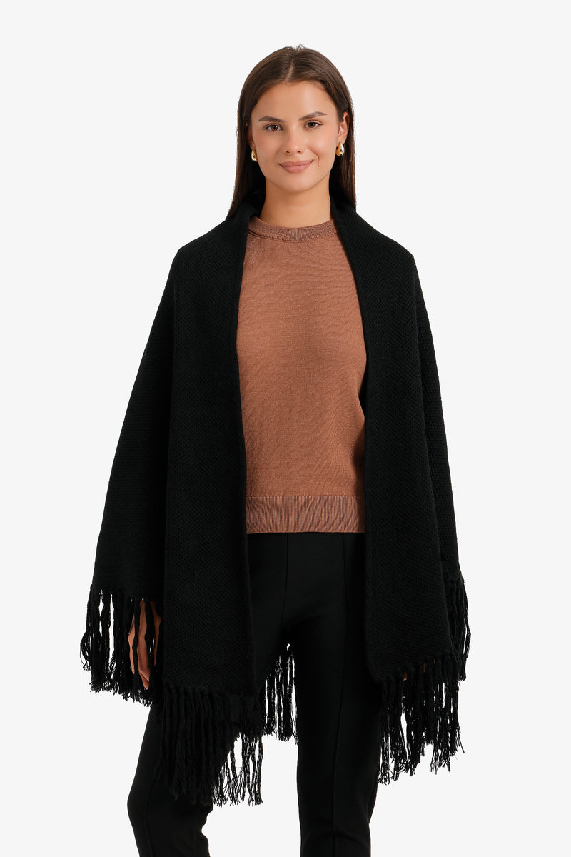 Fringed Oversized Knit Poncho – Black