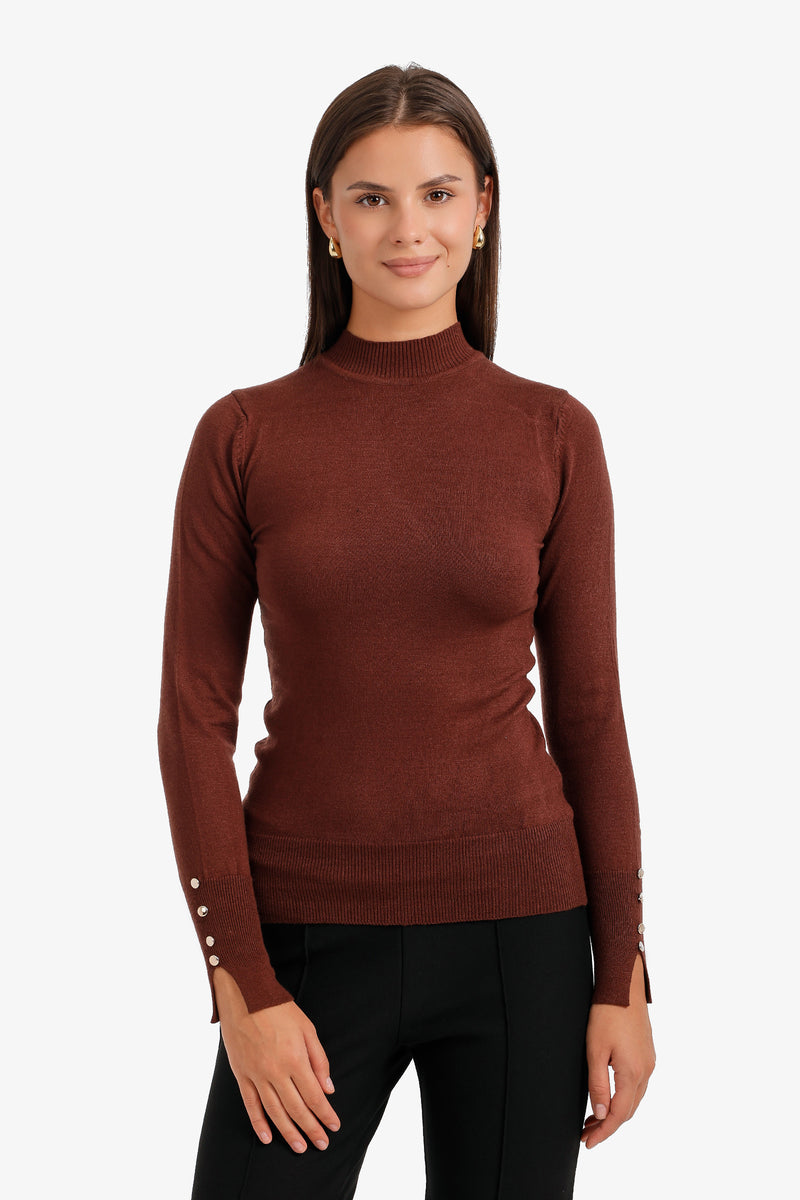 Mock Neck Button-Cuff Pullover – Dark Brown