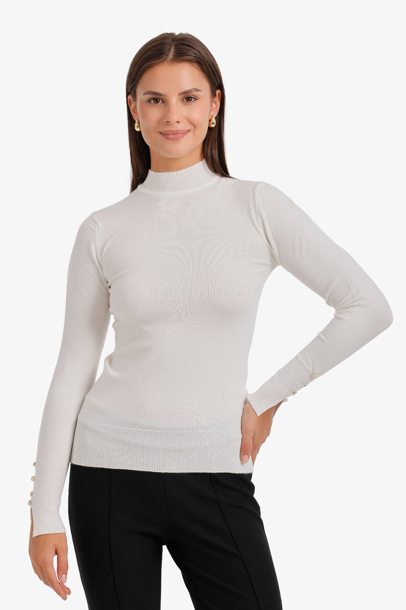 Mock Neck Button-Cuff Pullover – White