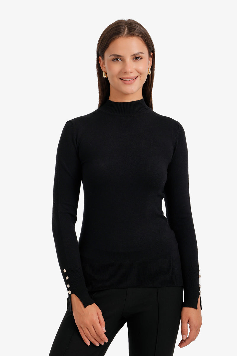 Mock Neck Button-Cuff Pullover – Black