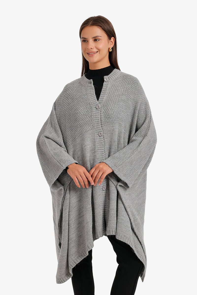 Textured Button-Front Knit Poncho – Grey