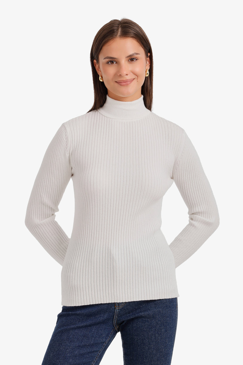 Ribbed Slim Fit High-Neck Pullover – Off White
