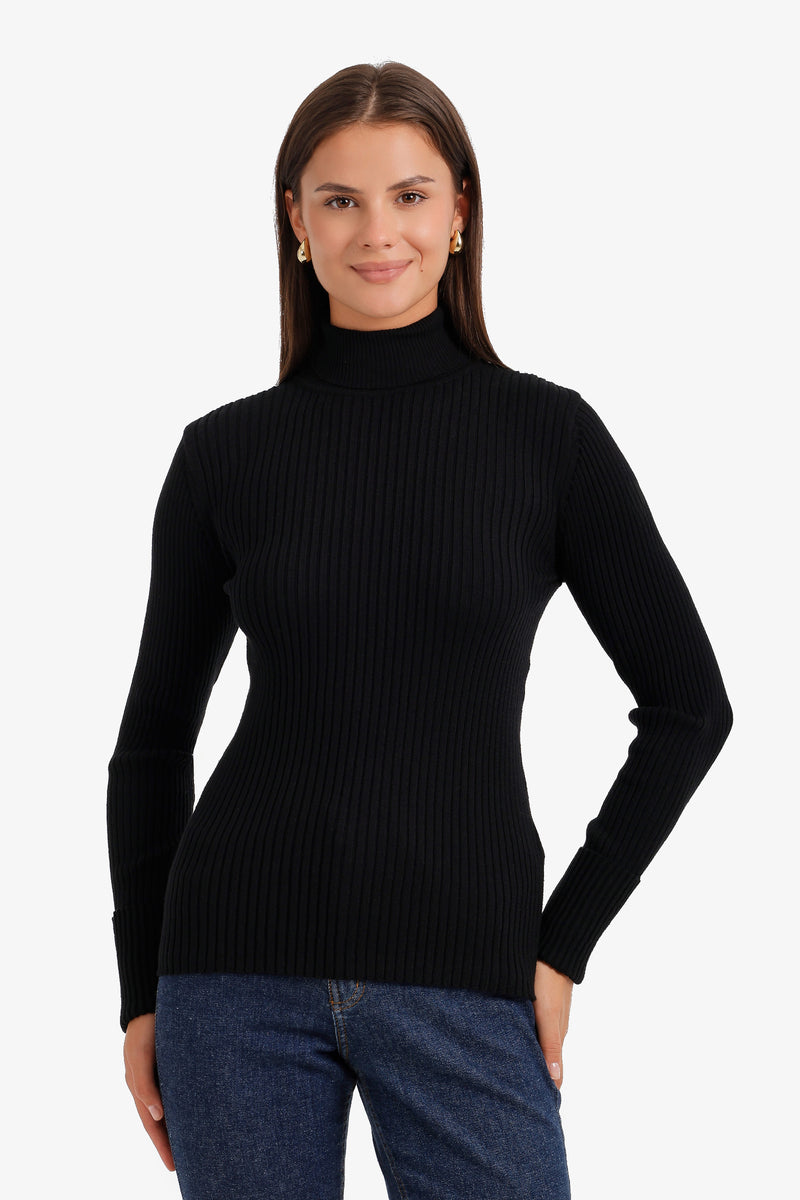 Ribbed Slim Fit High-Neck Pullover – Black