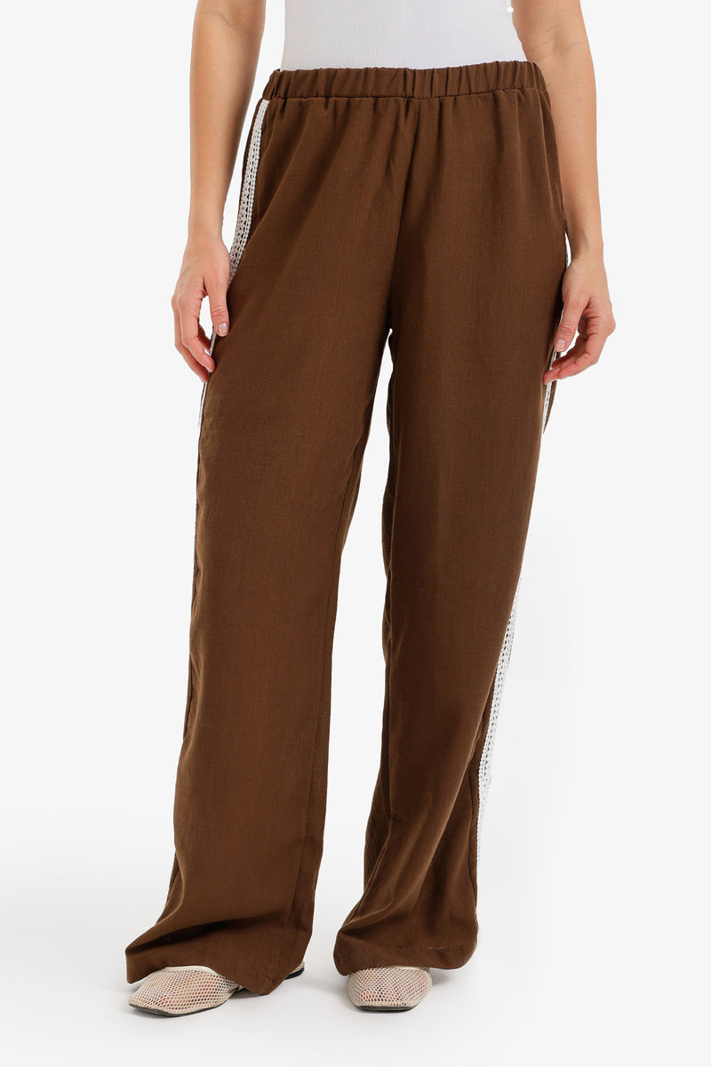 Side-Embroidered Pants - Brown
