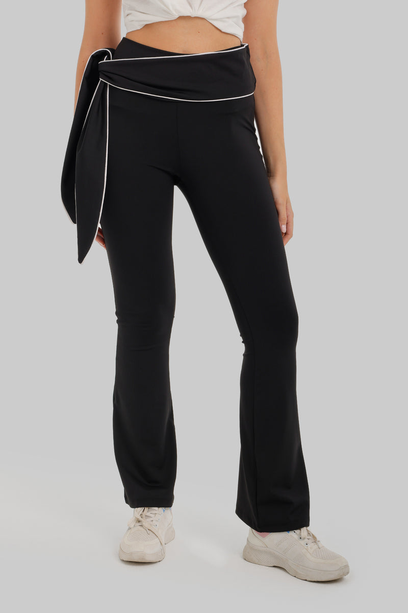 Contrast Piping Side-Tie Flared Pants – Black