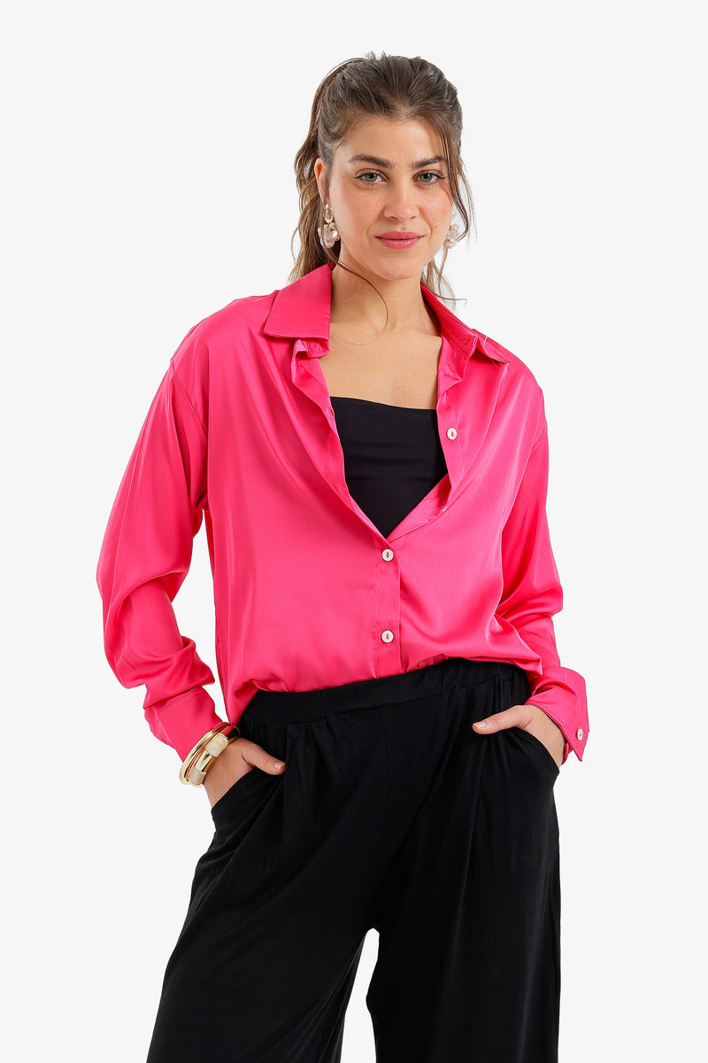 Button-Down Satin Shirt - Fuchsia
