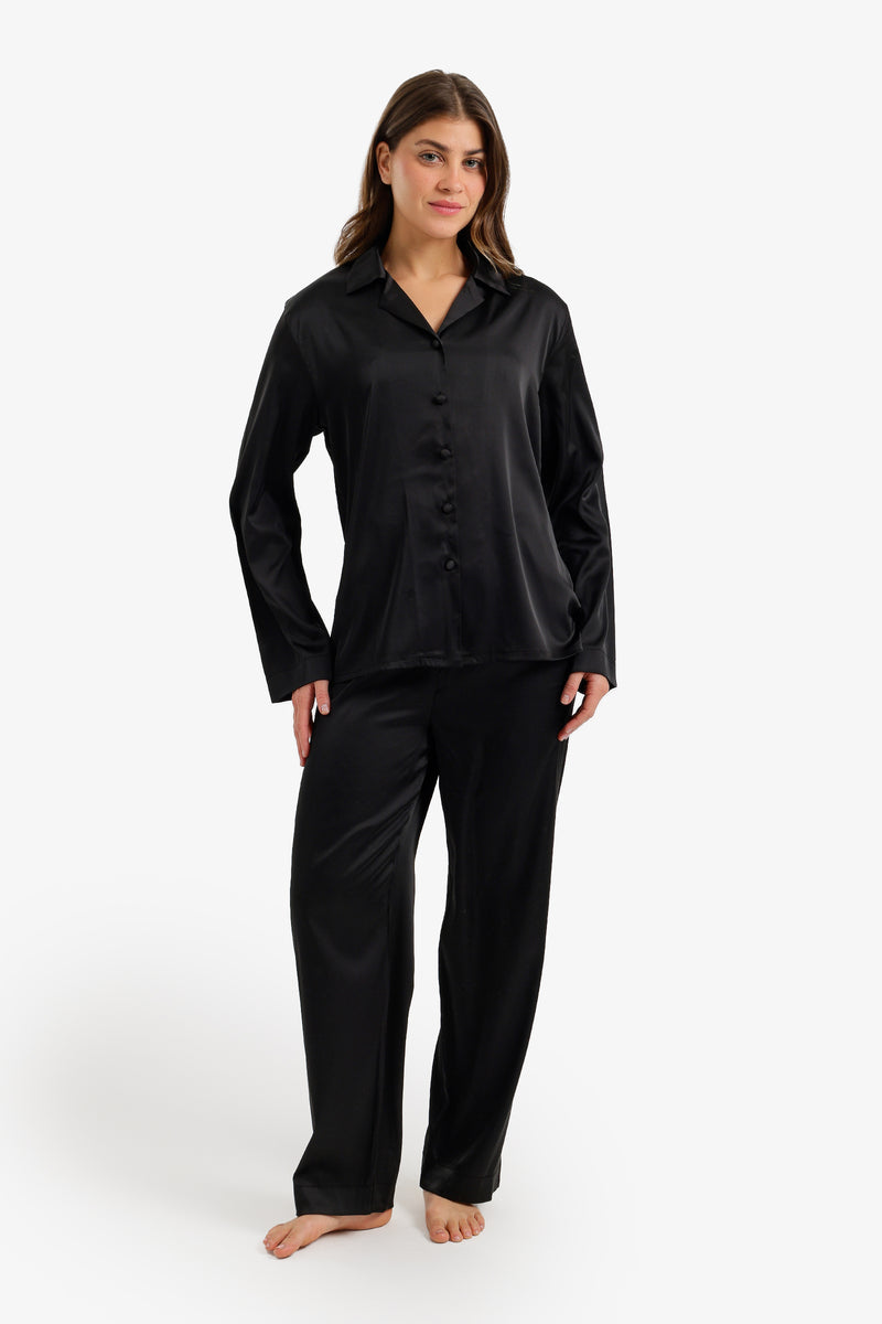 Satin Buttoned Pajama Set - Black