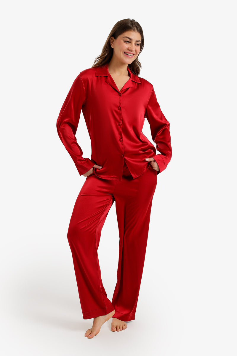 Satin Buttoned Pajama Set - Red