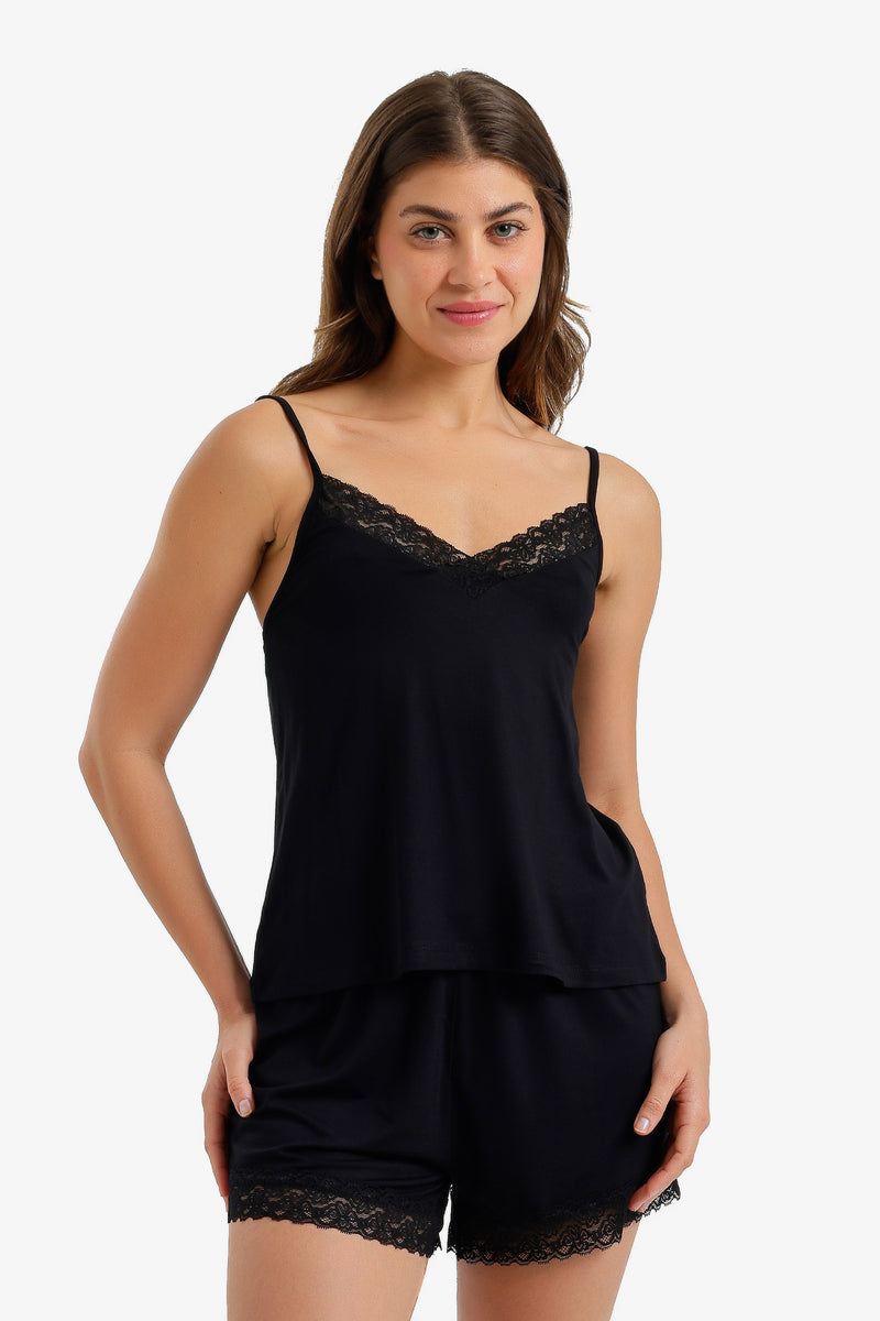 Lace-Trim Cami Pajama Set - Black