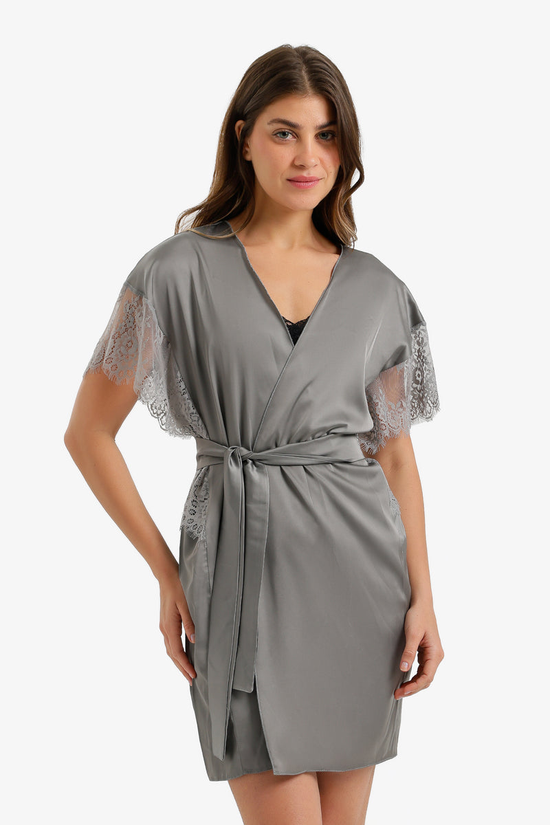 Lace-Sleeve Satin Robe - Silver
