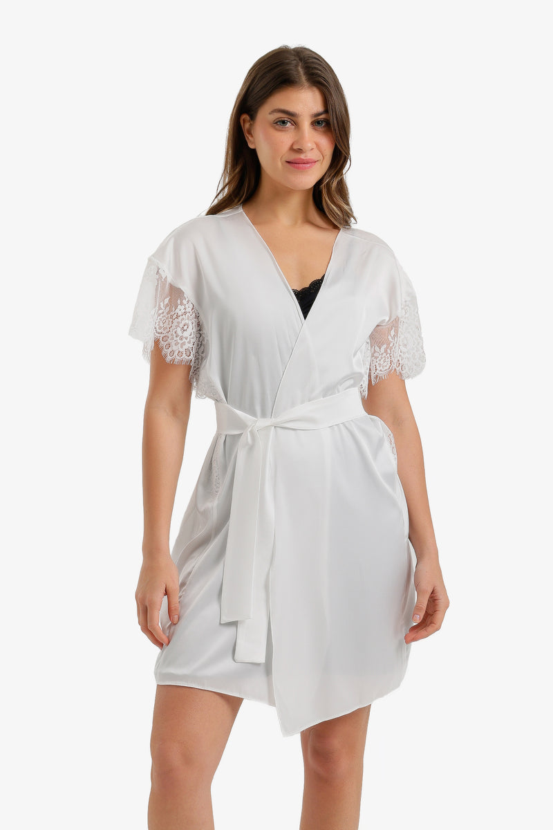 Lace-Sleeve Satin Robe - Off White