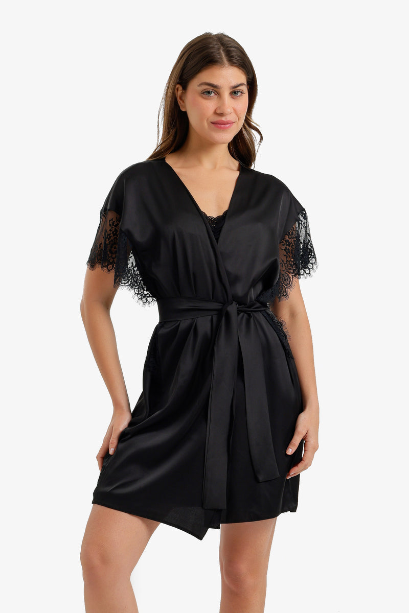 Lace-Sleeve Satin Robe - Black