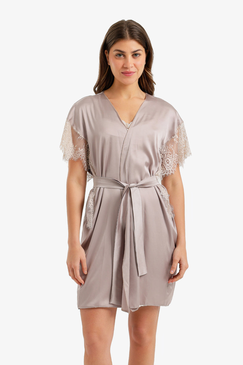 Lace-Sleeve Satin Robe - Taupe