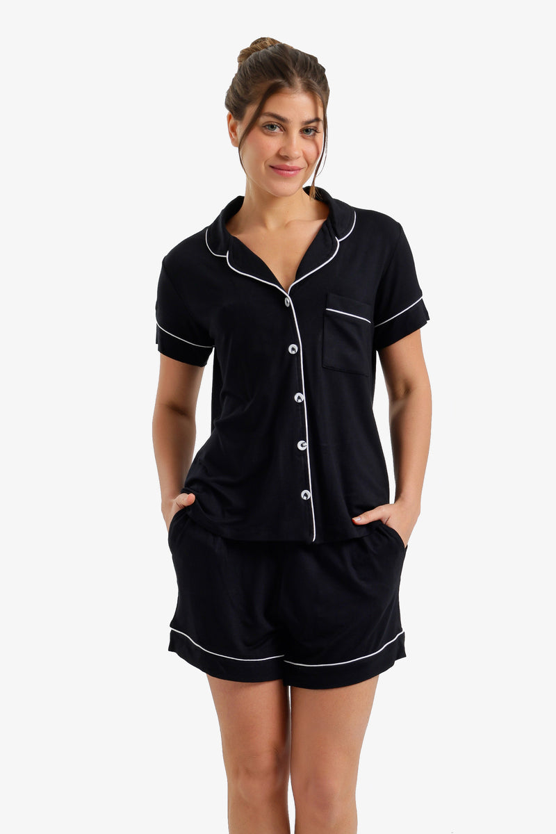 Piped Short Pajama Set - Black