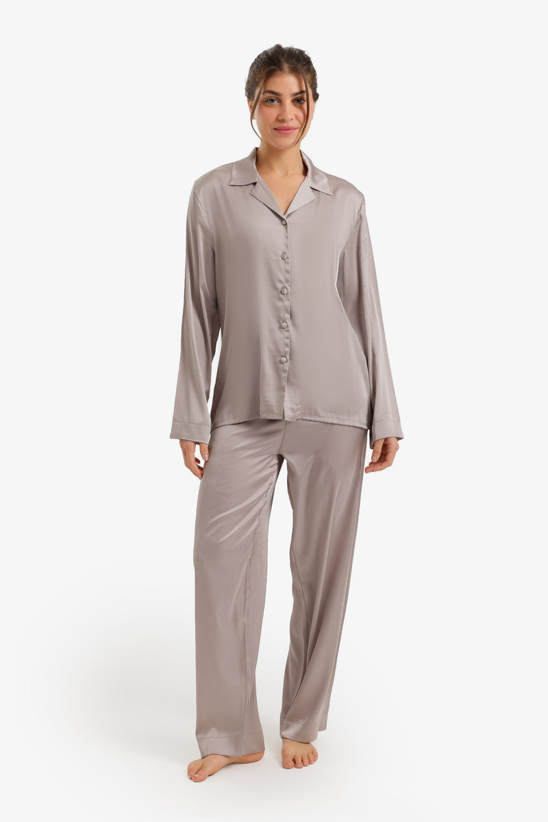 Satin Buttoned Pajama Set - Taupe