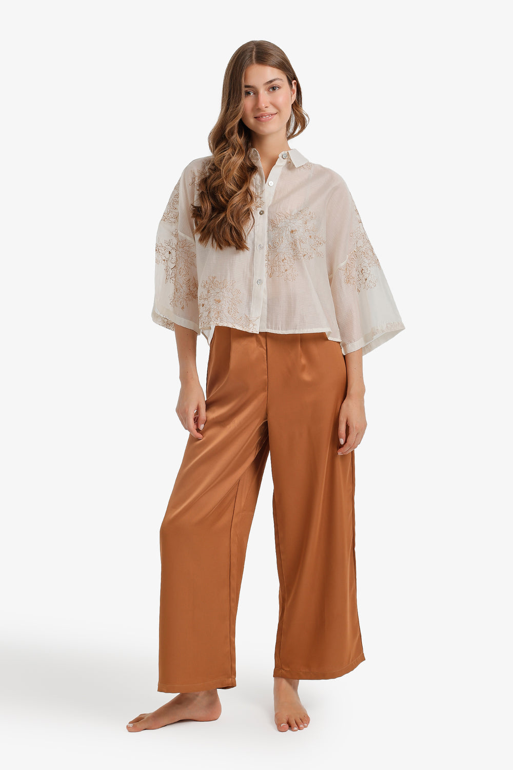 Floral Embroidered Pajama Set – Brown