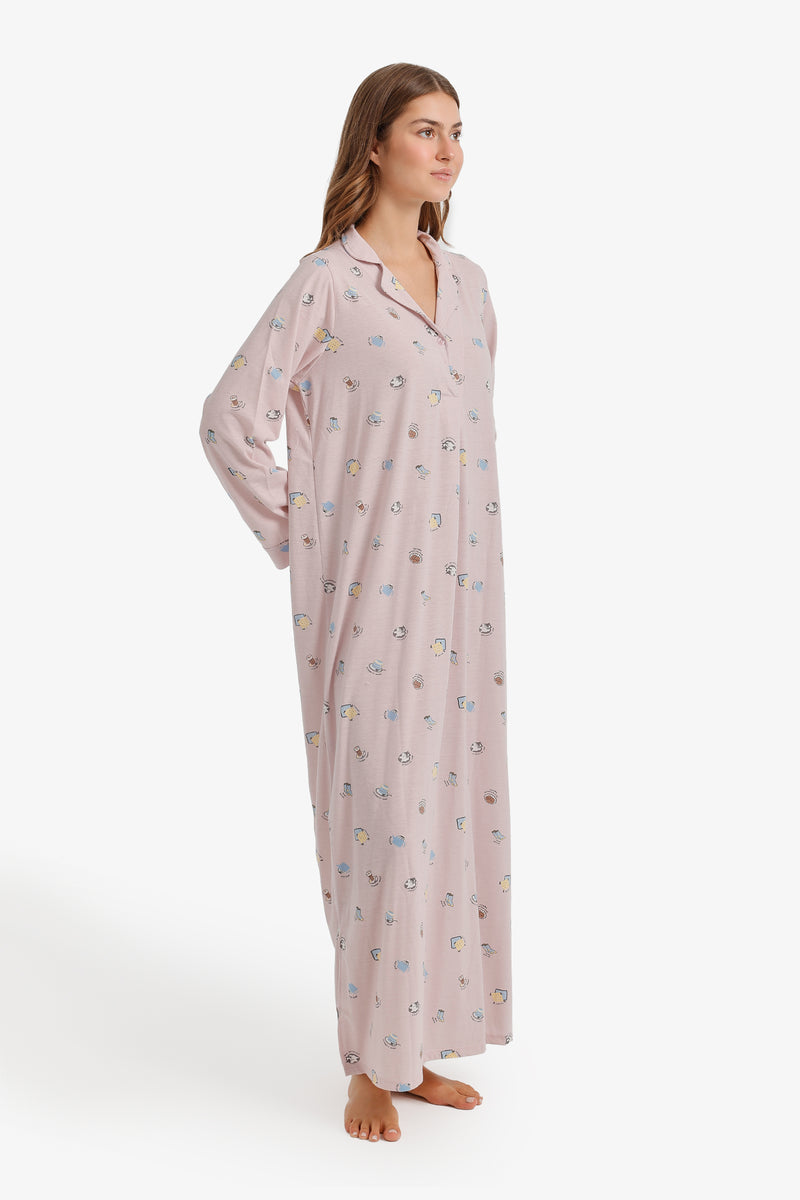 Printed Long-Sleeve Nightgown – Light Pink