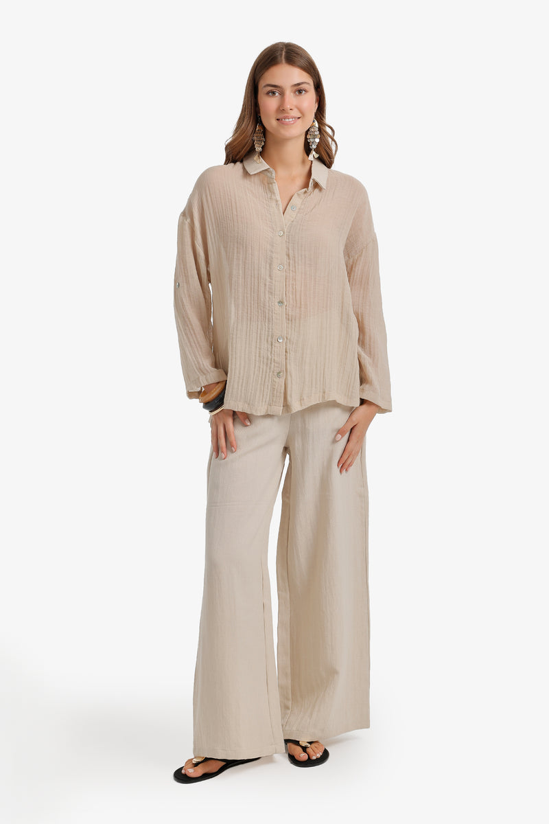 Crinkle Relaxed Buttoned Set – Light Beige