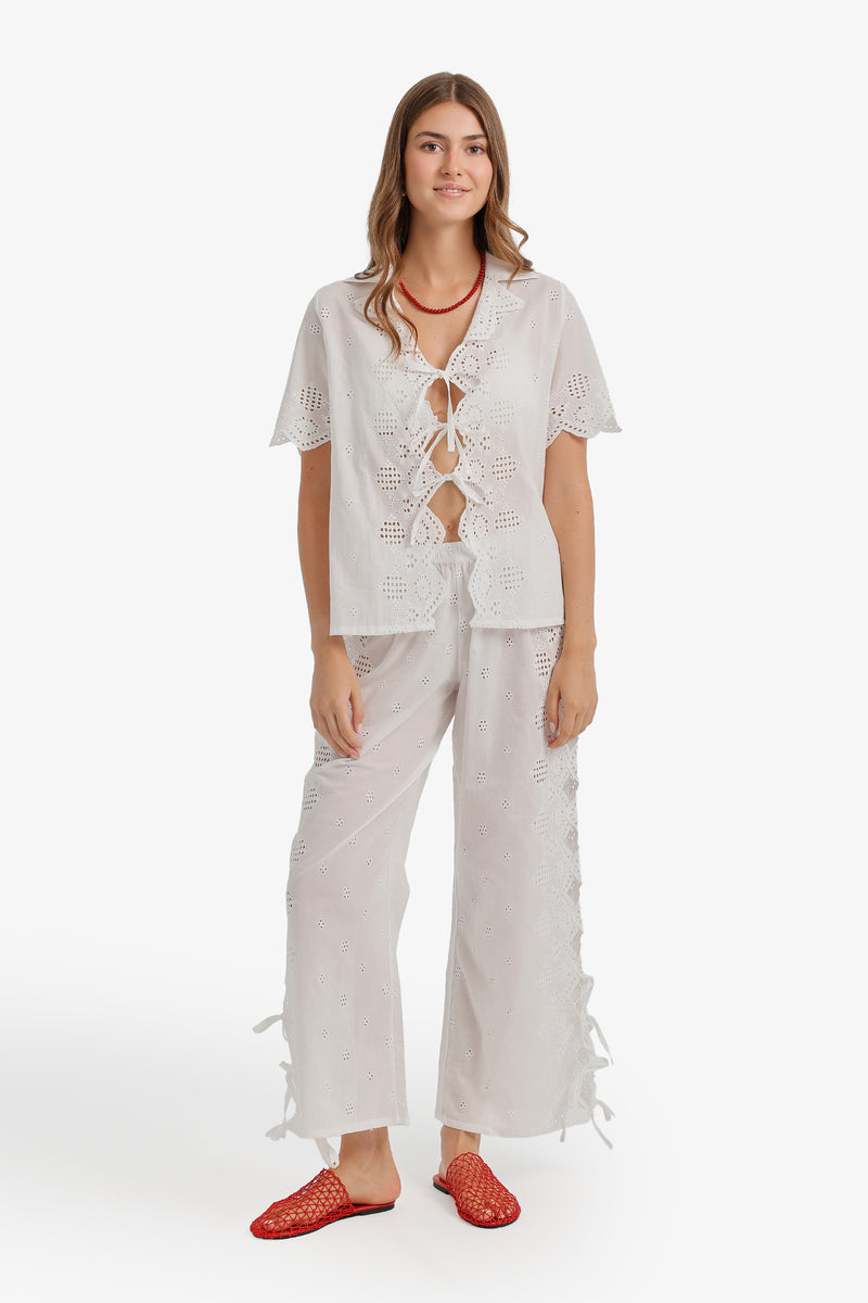 Eyelet Cutout Beach Set - White
