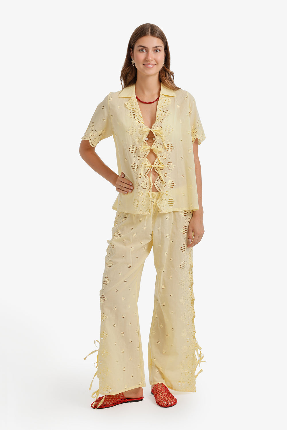 Eyelet Cutout Beach Set - Yellow