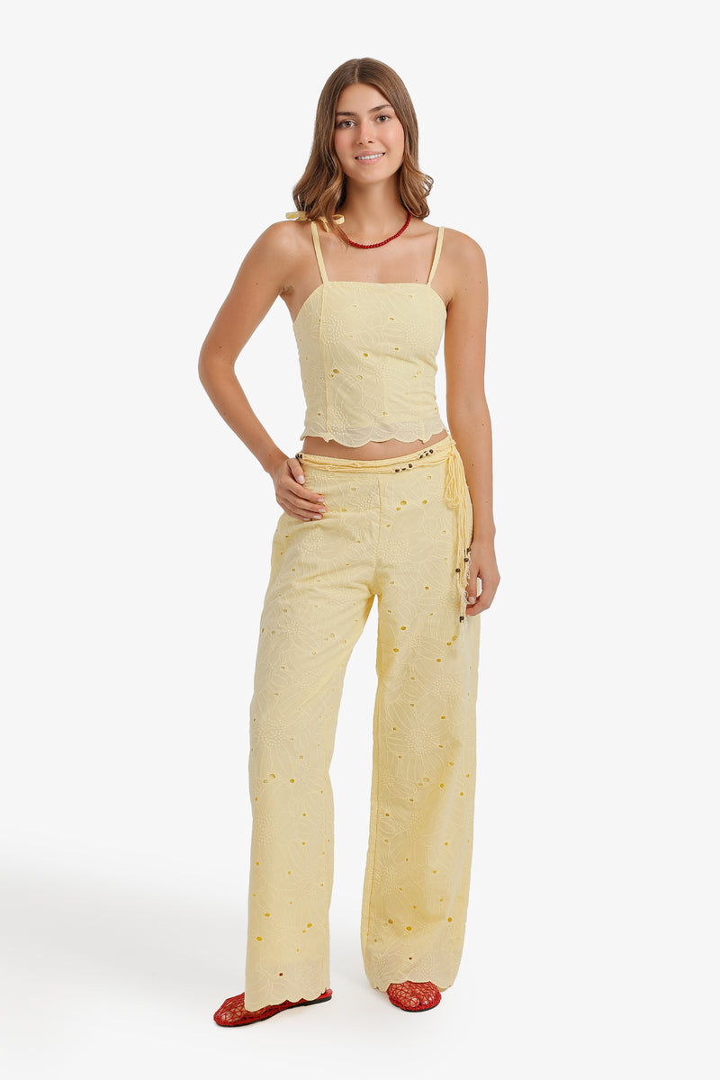 Embroidered Floral Eyelet Beach Set - Yellow