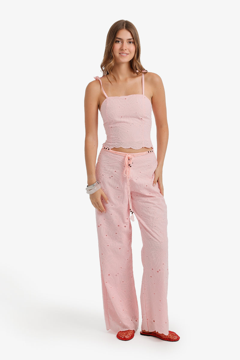 Embroidered Floral Eyelet Beach Set - Rose