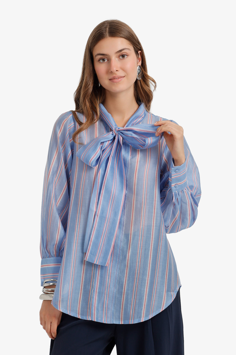 Striped Pussy-Bow Blouse - Blue