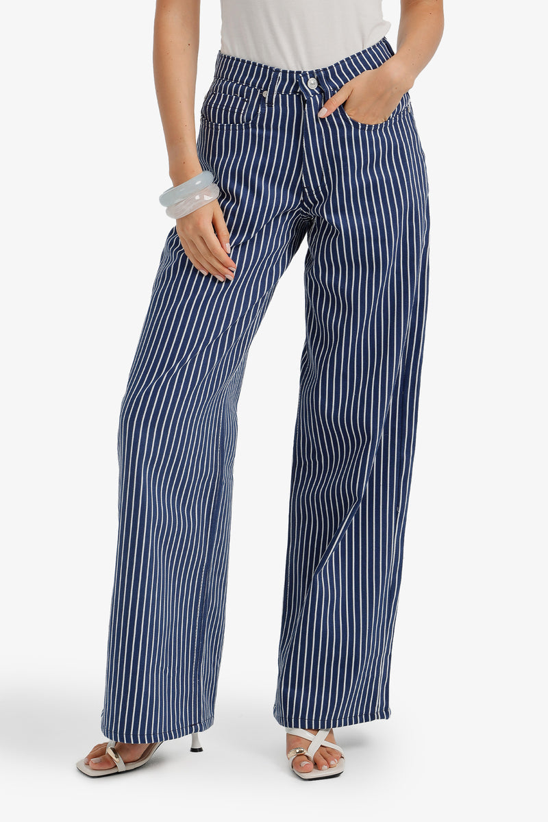 Pinstripe Straight-Leg Pants – Navy Blue
