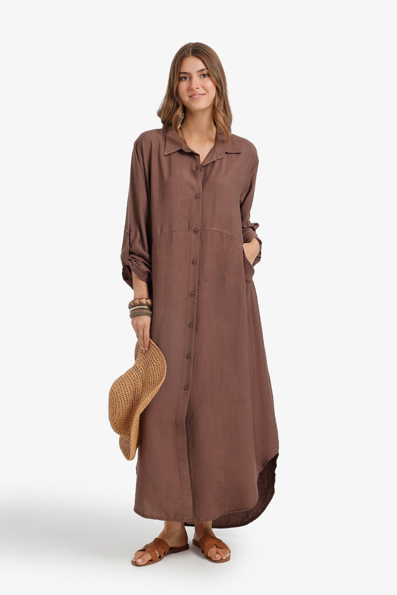 Tab Sleeve Shirt Dress - Dark Brown