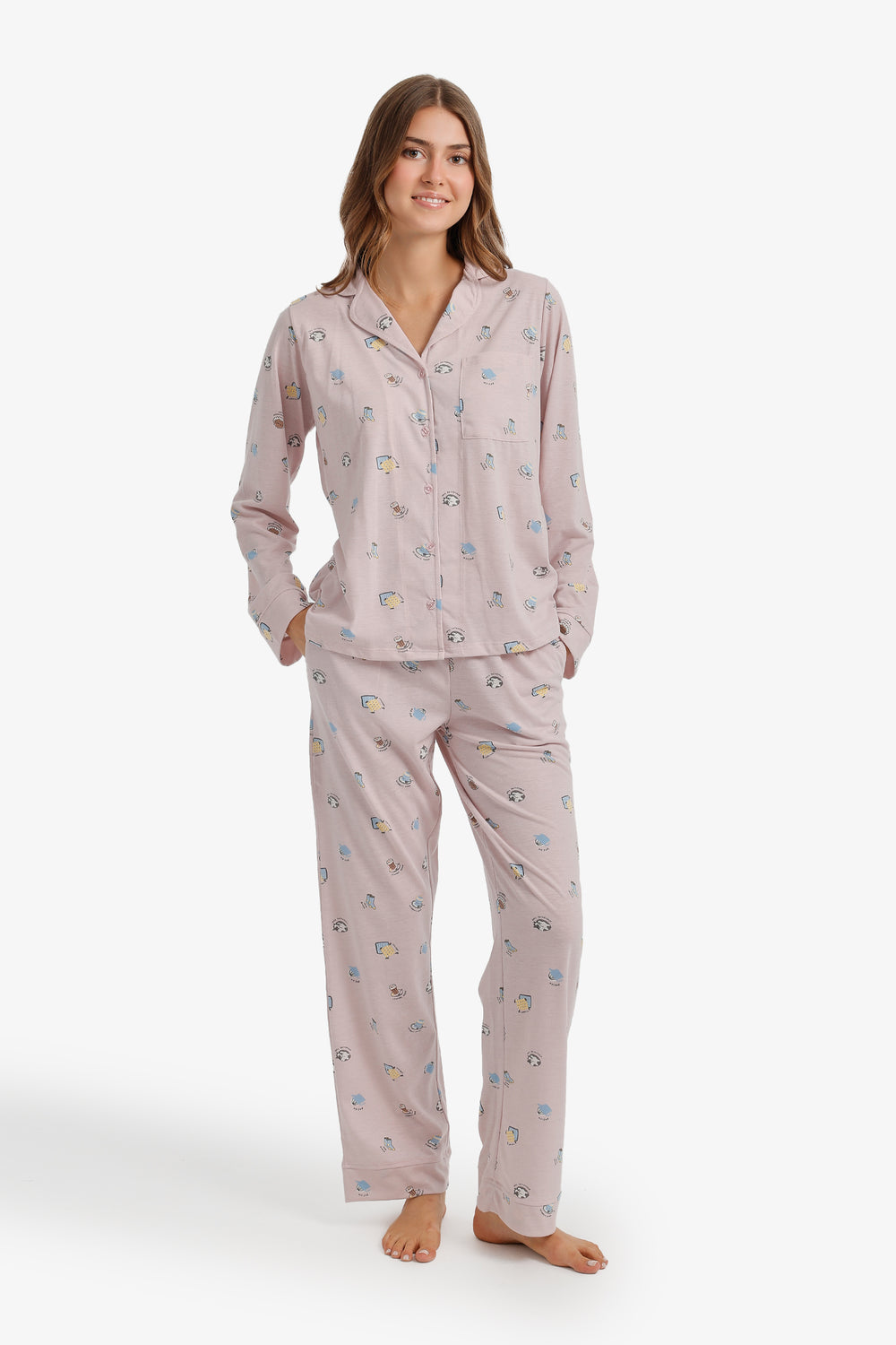 Printed Button-Down Pajama Set – Light Pink