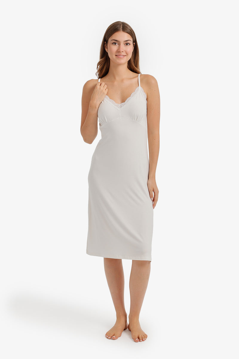 Lace Trim Midi Nightgown - Off White