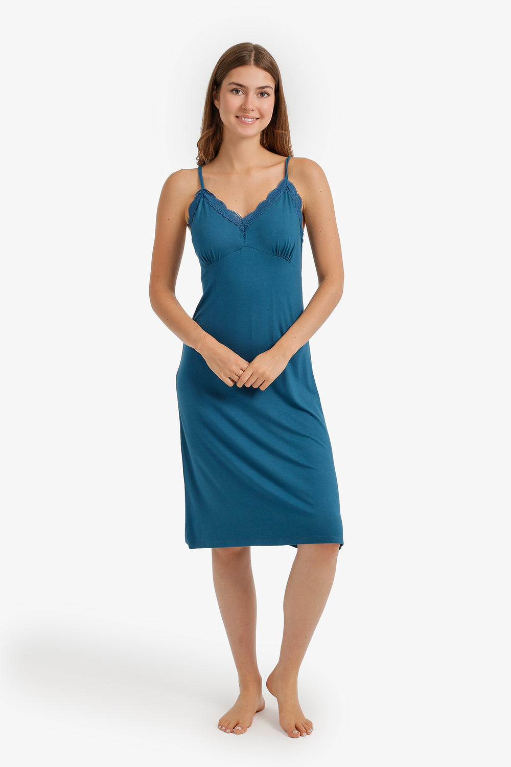 Lace Trim Midi Nightgown - Dark Blue