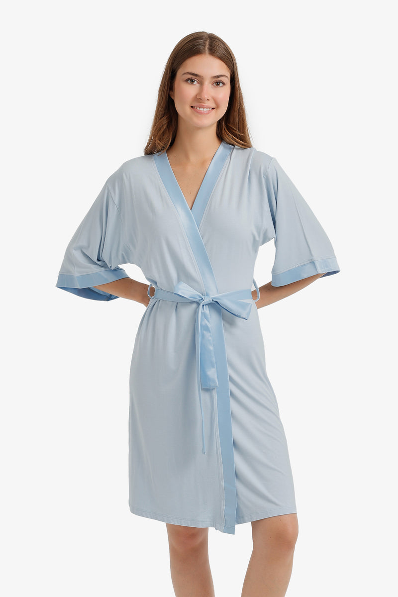 Satin-Trim Self-Tie Robe – Pastel Light Blue