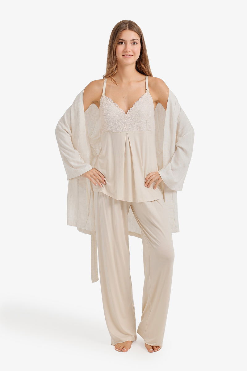 Maternity Lace-Trim 3-Piece Pajama Set – Off White