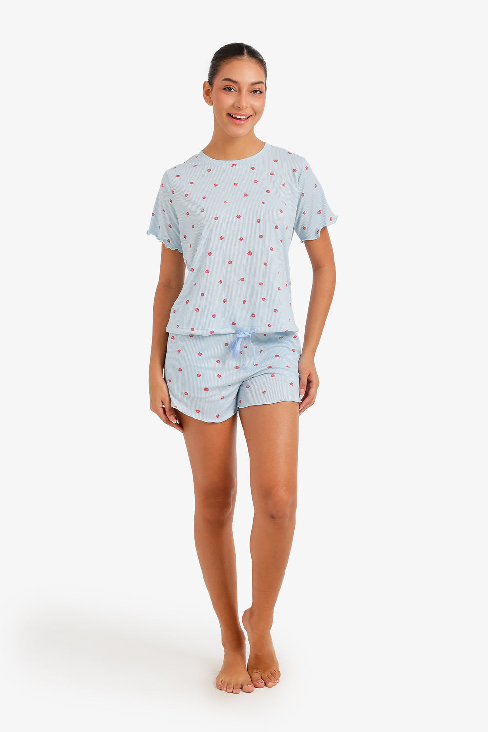 Lips Print Ribbed Pajama Set – Light Blue
