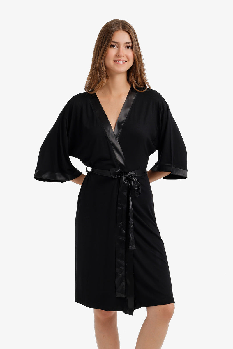 Satin-Trim Self-Tie Robe – Black