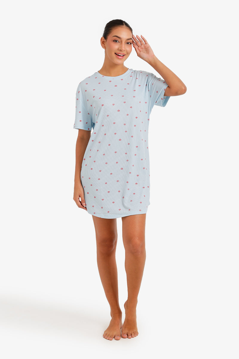 Lips Print Ribbed Nightgown – Light Blue